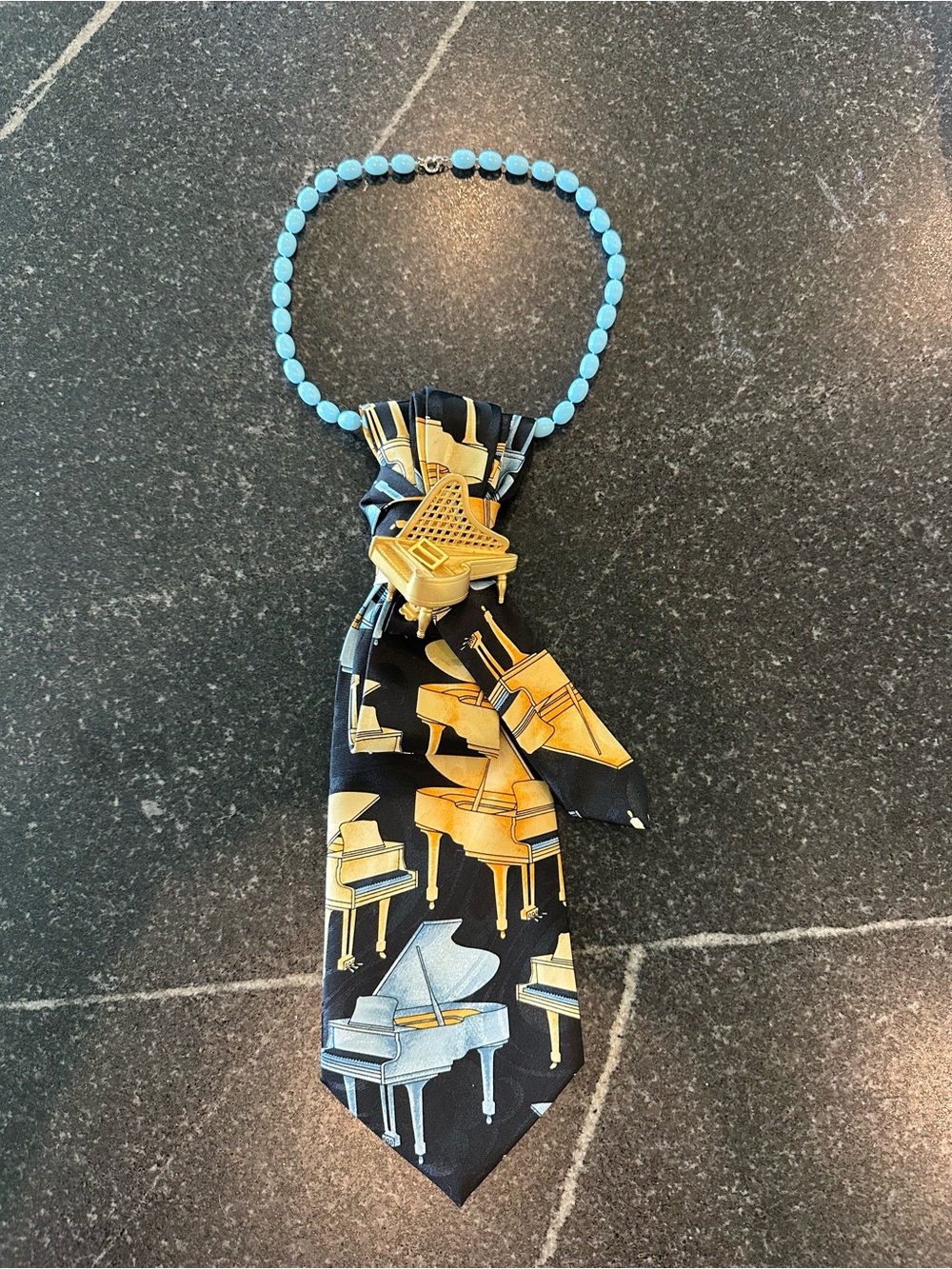 Silk tie Blue Beaded necklace, Piano brooch Necklace